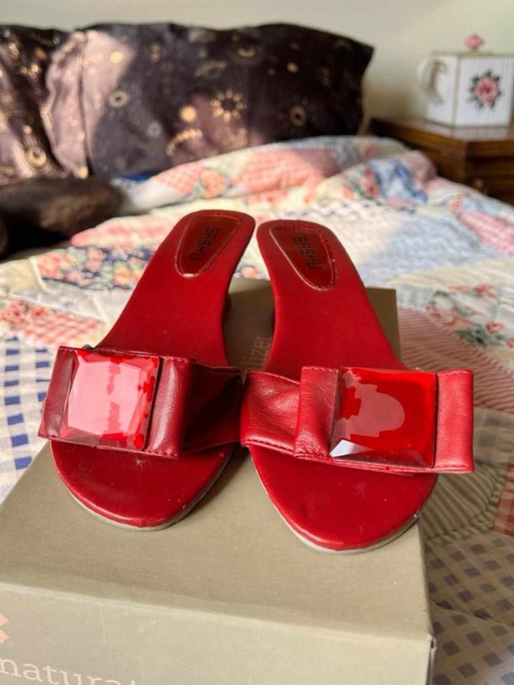 Vintage red leather wedge sandals with bow + gem detail by SASHU